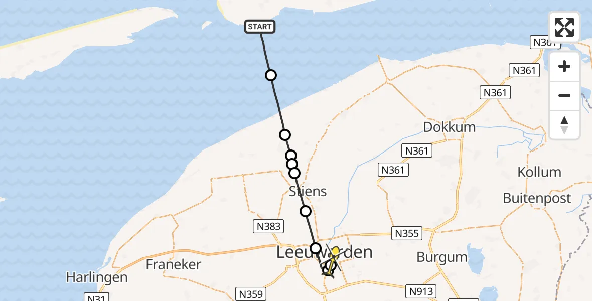 Routekaart van de vlucht: Ambulancehelikopter naar Leeuwarden, Hoek van Hessing