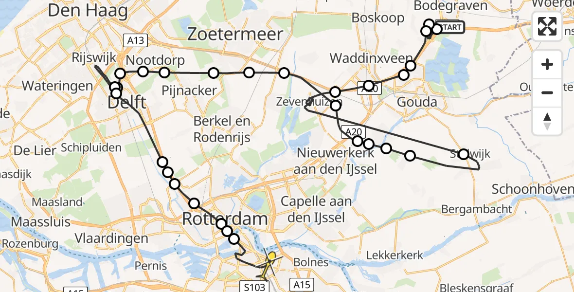 Routekaart van de vlucht: Politieheli naar Rotterdam, Goudseweg