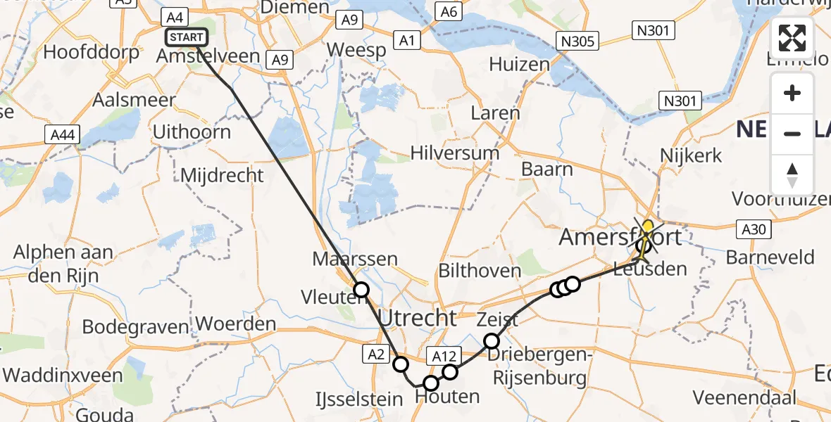 Routekaart van de vlucht: Politieheli naar Stoutenburg, Rijksweg A9