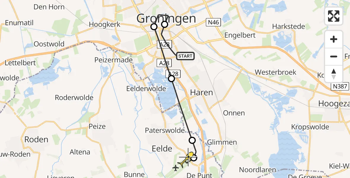 Routekaart van de vlucht: Lifeliner 4 naar Groningen Airport Eelde, Hora Siccamasingel