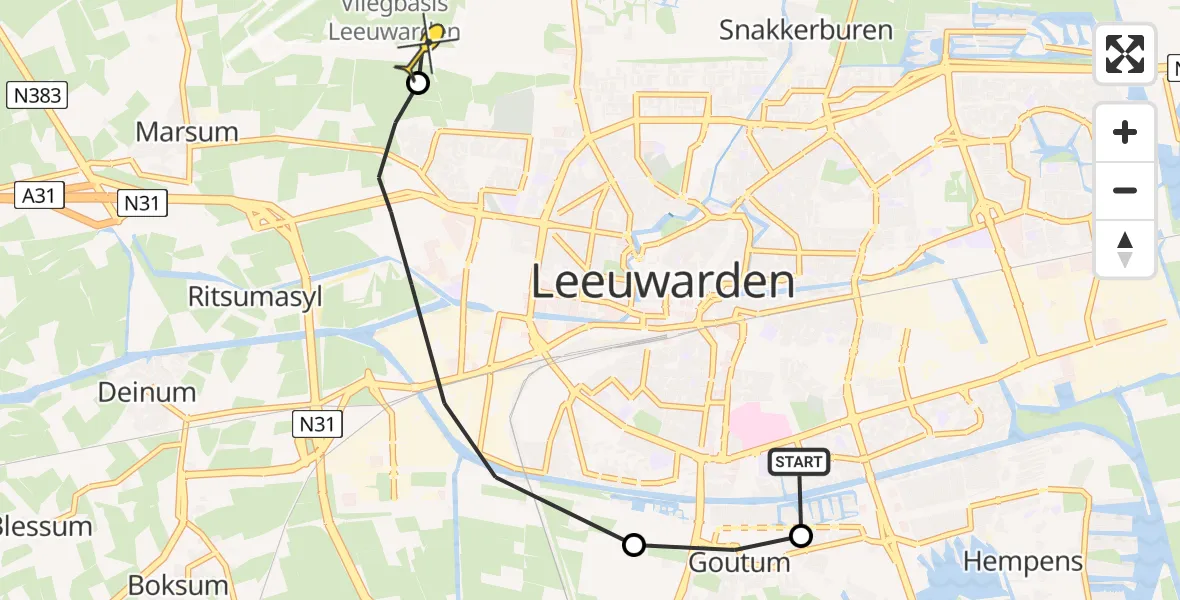 Vluchtroute Ambulancehelikopter van Leeuwarden naar Vliegbasis Leeuwarden