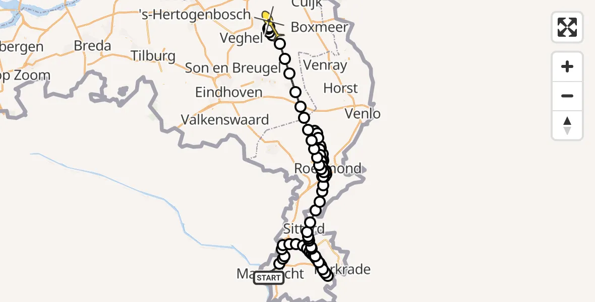 Routekaart van de vlucht: Politiehelikopter naar Vliegbasis Volkel, Pastoor Habetsstraat