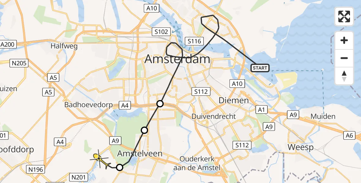 Routekaart van de vlucht: Politieheli naar Aalsmeer, Zuiderzeeweg