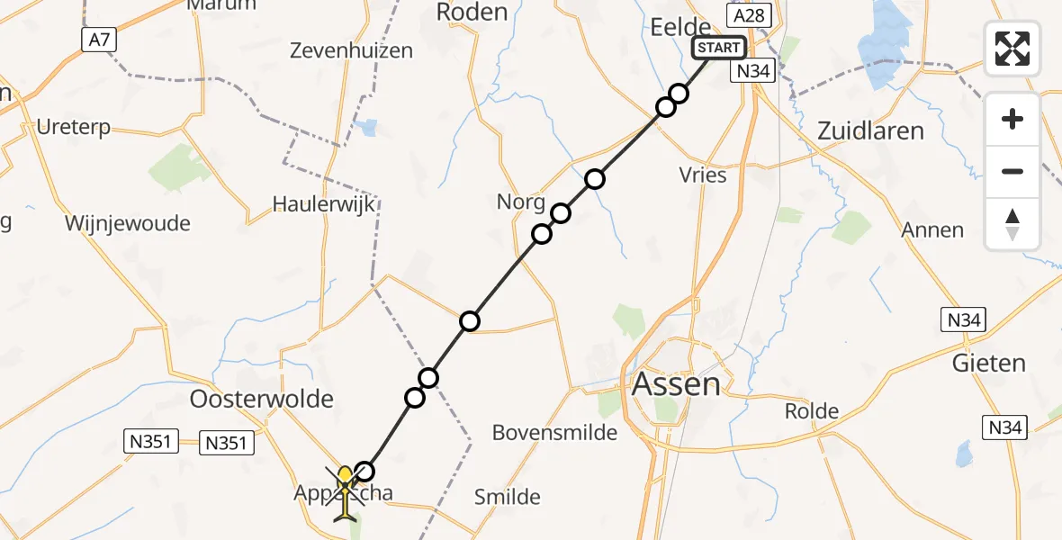 Routekaart van de vlucht: Lifeliner 4 naar Appelscha, Oosterloop