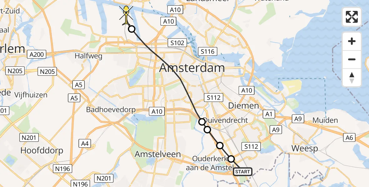 Routekaart van de vlucht: Lifeliner 1 naar Amsterdam Heliport, Gaasperdammerweg