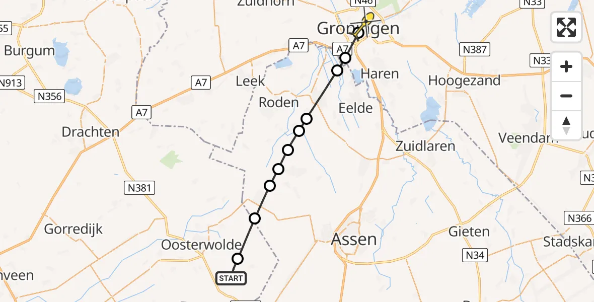 Routekaart van de vlucht: Lifeliner 4 naar Universitair Medisch Centrum Groningen, Willemstad