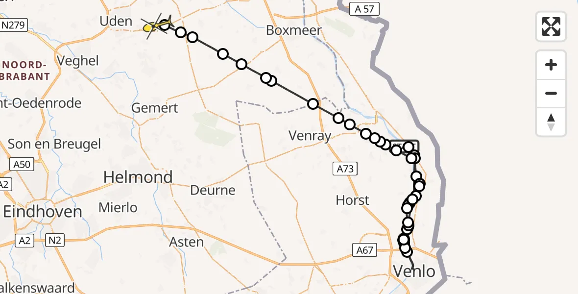 Routekaart van de vlucht: Politieheli naar Vliegbasis Volkel, Venloseweg