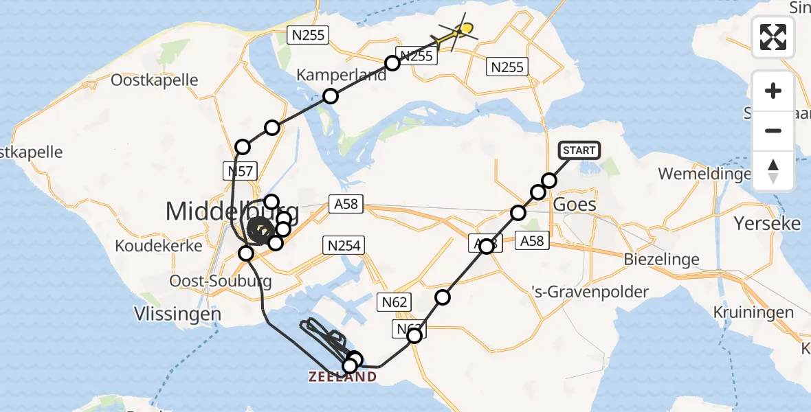 Routekaart van de vlucht: Politieheli naar Colijnsplaat, Oude Zeedijk