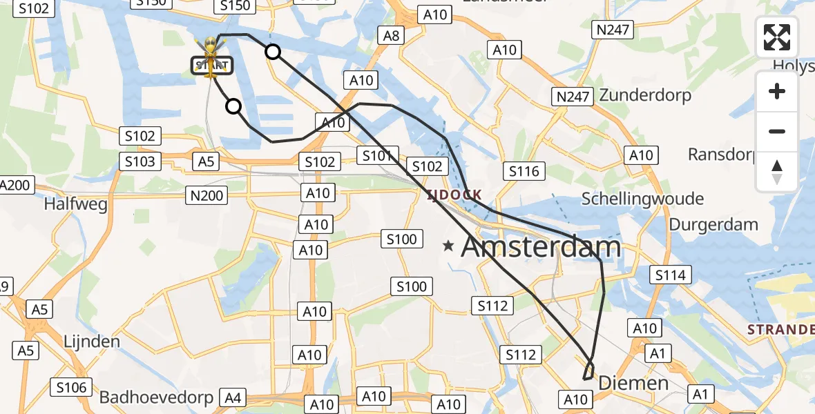 Vluchtroute Traumahelikopter van Amsterdam Heliport naar Amsterdam Heliport