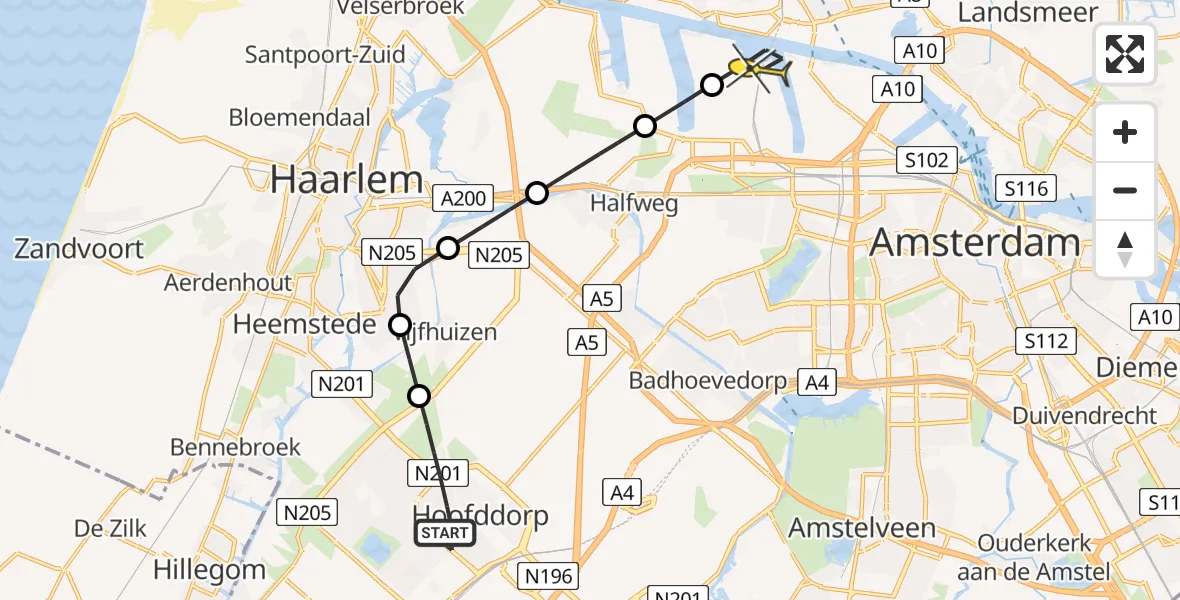 Routekaart van de vlucht: Lifeliner 1 naar Amsterdam Heliport, Martin Luther Kingstraat