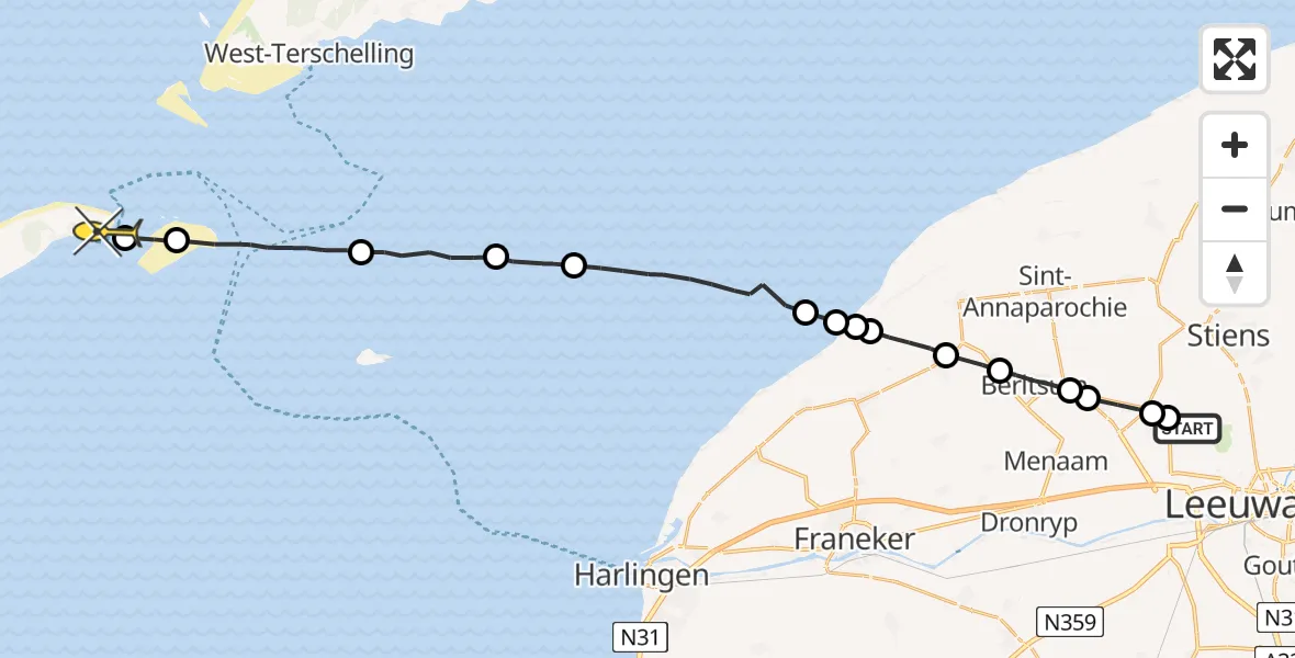 Routekaart van de vlucht: Ambulanceheli naar Vlieland Heliport, Dyksterhuzen