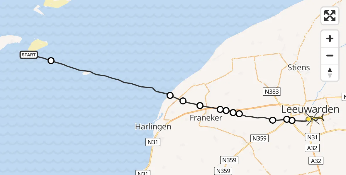 Routekaart van de vlucht: Ambulancehelikopter naar Leeuwarden, Aldlânsdyk