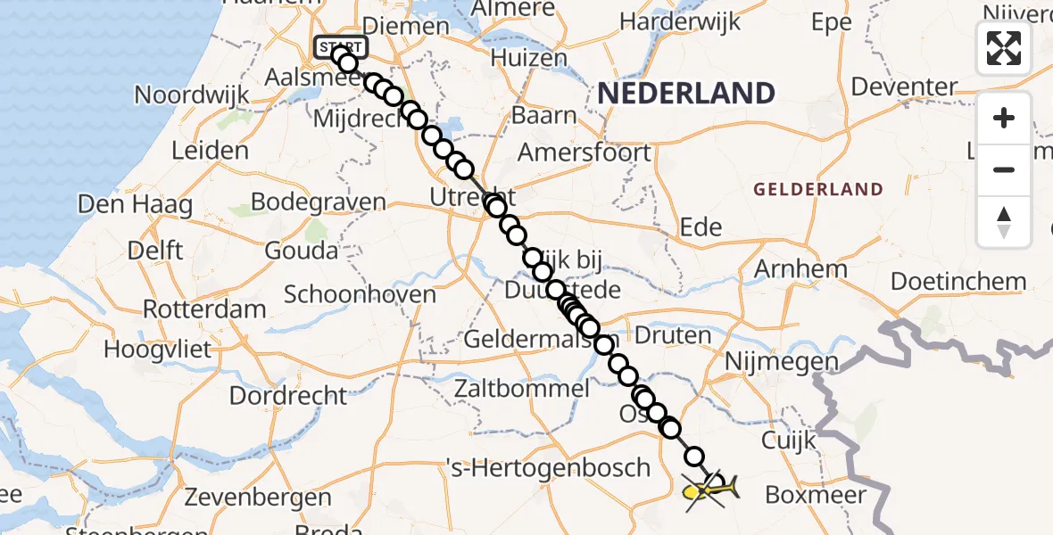 Routekaart van de vlucht: Politieheli naar Vliegbasis Volkel, Amsterdam-Bataviaweg