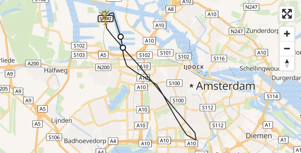 Routekaart van de vlucht: Lifeliner 1 naar Amsterdam Heliport, Corsicaweg