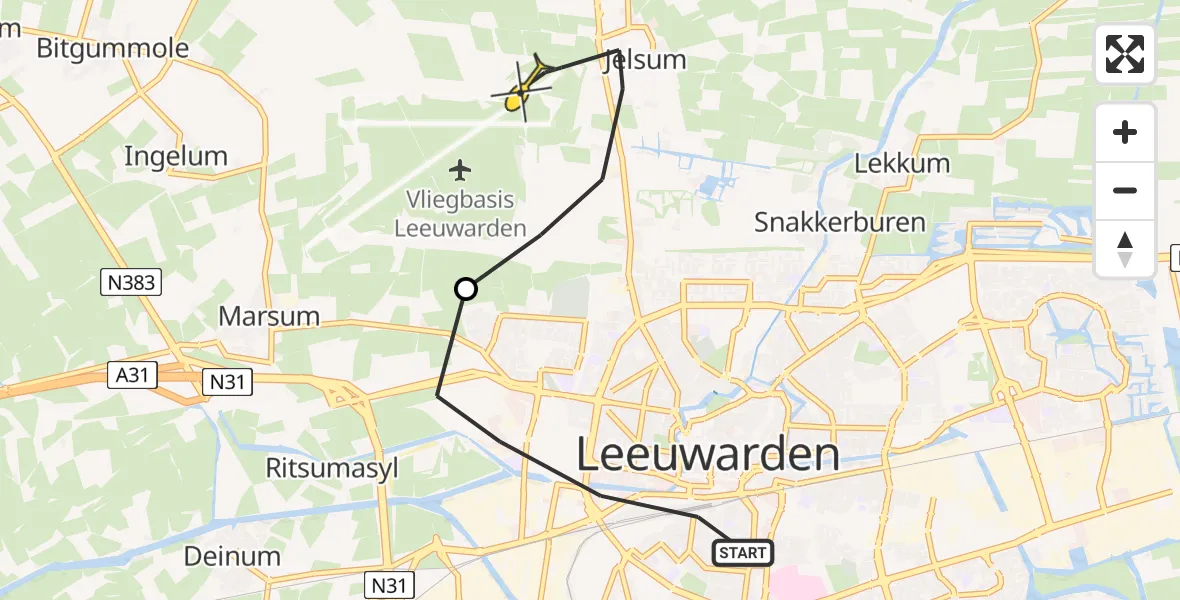 Vluchtroute Ambulancehelikopter van Leeuwarden naar Vliegbasis Leeuwarden