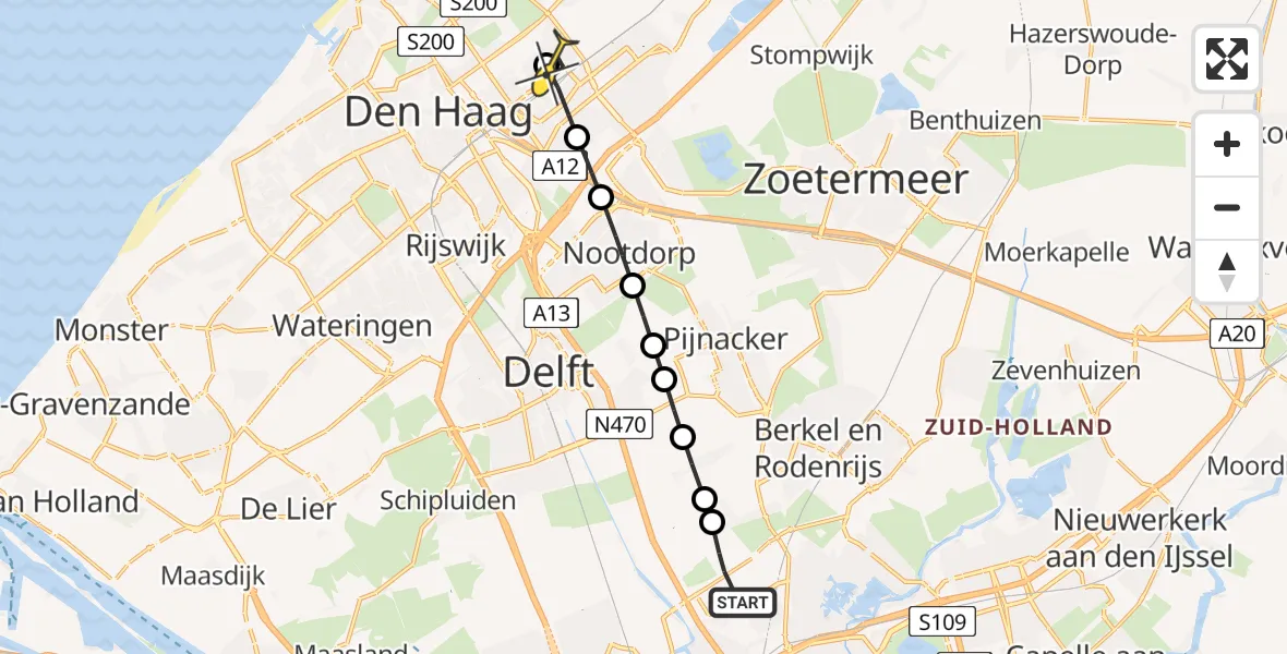 Routekaart van de vlucht: Lifeliner 2 naar Den Haag, Schieveense polder