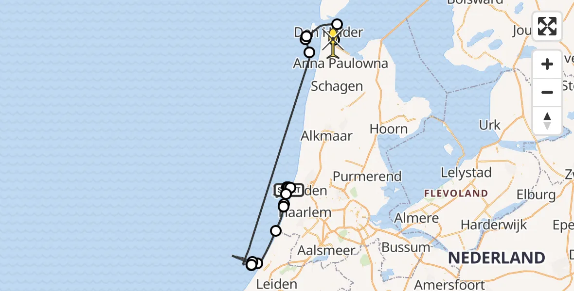 Routekaart van de vlucht: Kustwachthelikopter naar Vliegveld De Kooy, Zuidpier