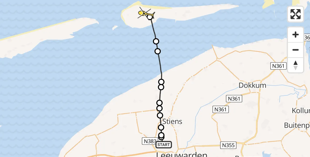 Routekaart van de vlucht: Ambulancehelikopter naar Ameland Airport Ballum, Nijlânsdyk