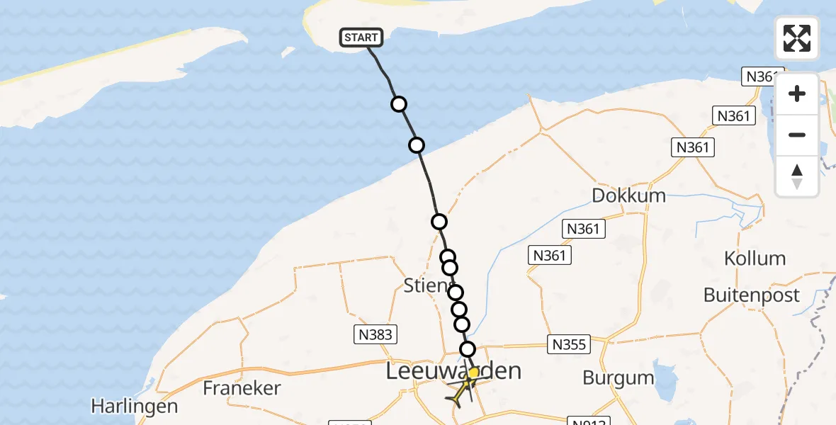 Routekaart van de vlucht: Ambulanceheli naar Leeuwarden, Uitwatering