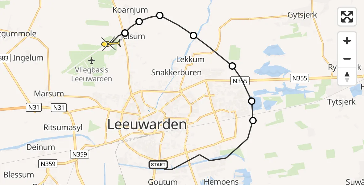 Routekaart van de vlucht: Ambulanceheli naar Vliegbasis Leeuwarden, Holwortel