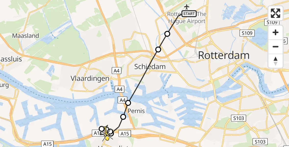 Routekaart van de vlucht: Lifeliner 2 naar Hoogvliet, Vliegveldweg