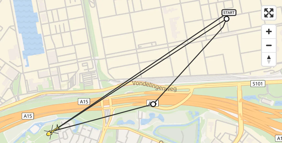 Routekaart van de vlucht: Lifeliner 2 naar Hoogvliet, Vondelingenweg