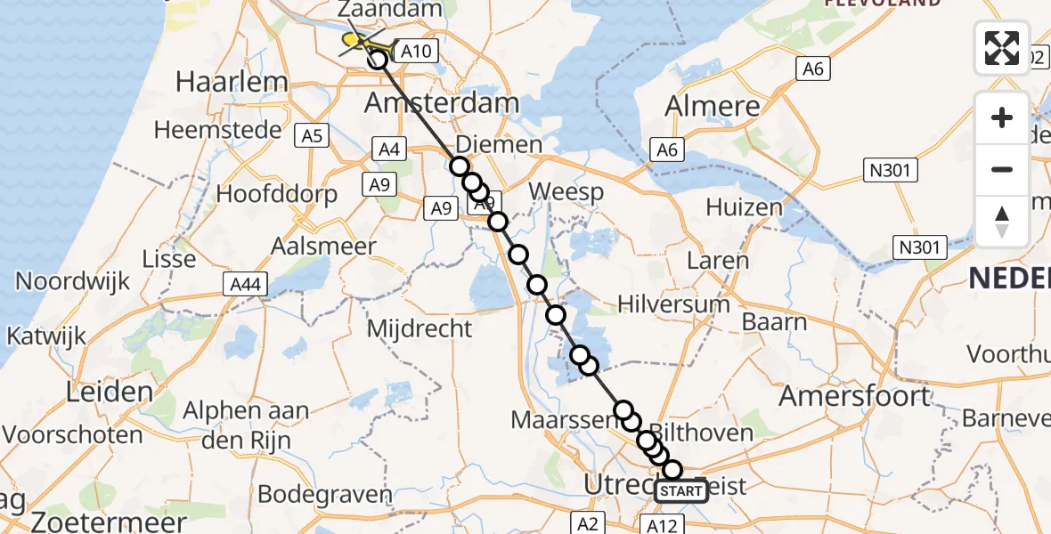 Routekaart van de vlucht: Lifeliner 1 naar Amsterdam Heliport, Universiteitsweg