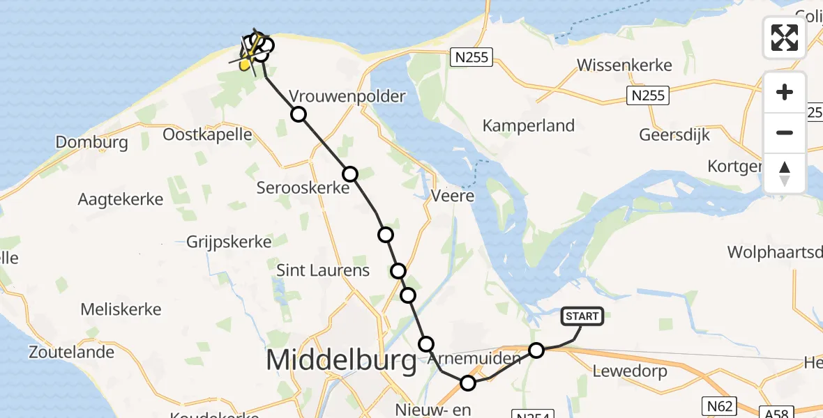 Routekaart van de vlucht: Kustwachthelikopter naar Oostkapelle, Rijksweg