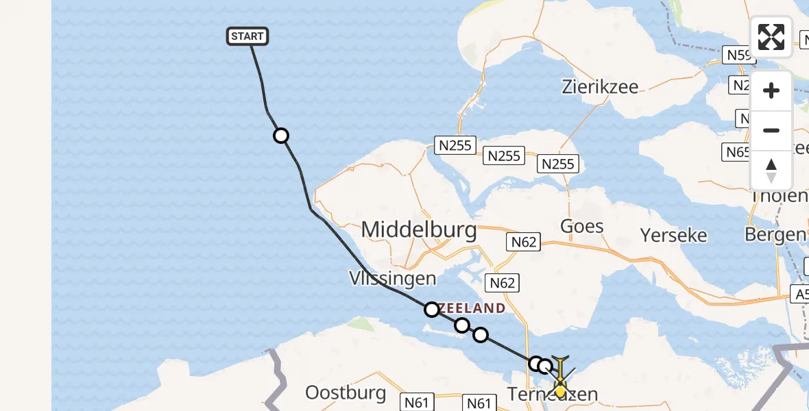 Routekaart van de vlucht: Kustwachthelikopter naar Terneuzen, De Zandput