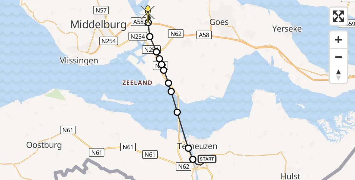 Routekaart van de vlucht: Kustwachthelikopter naar Vliegveld Midden-Zeeland, Maassingel