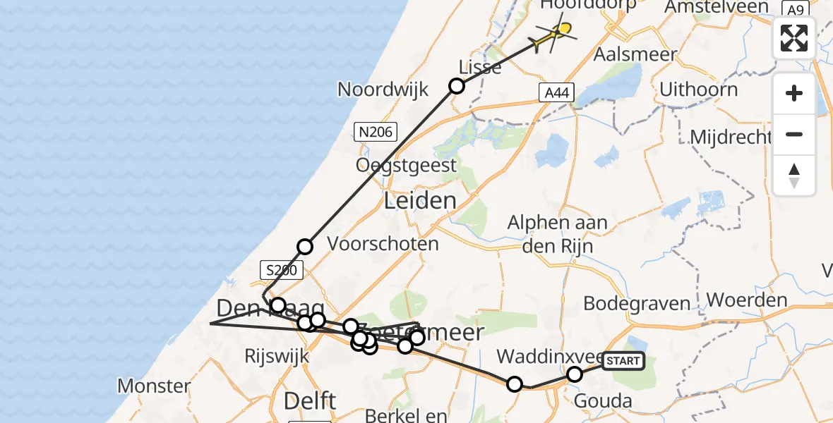 Routekaart van de vlucht: Politieheli naar Nieuw-Vennep, Winterdijk