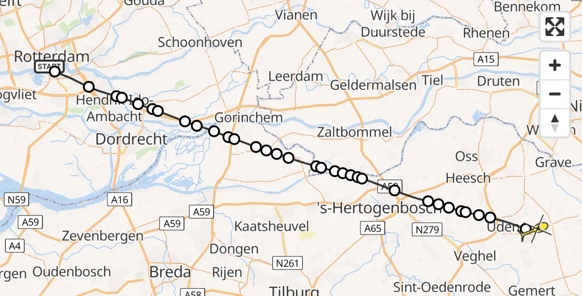 Routekaart van de vlucht: Lifeliner 3 naar Vliegbasis Volkel, Nieuwe Maas