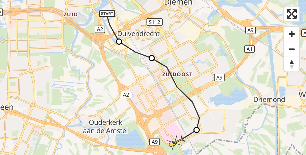 Routekaart van de vlucht: Lifeliner 1 naar Academisch Medisch Centrum (AMC), Van der Madeweg