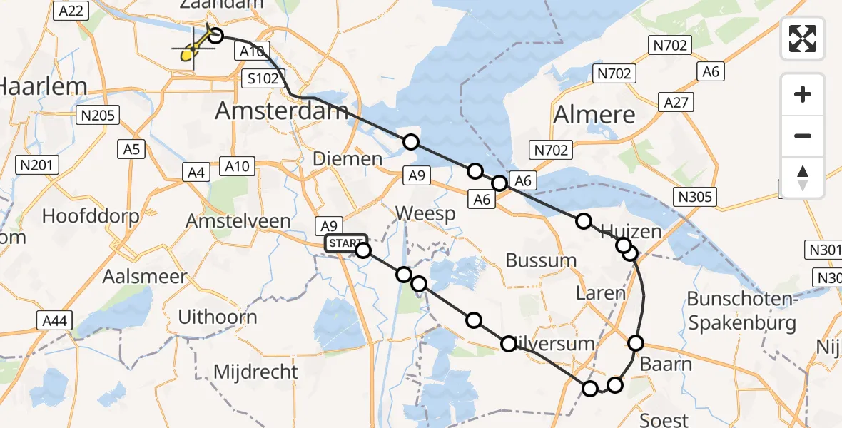 Routekaart van de vlucht: Lifeliner 1 naar Amsterdam Heliport, Ruwelspad