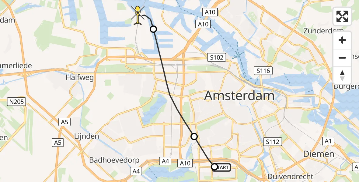 Routekaart van de vlucht: Lifeliner 1 naar Amsterdam Heliport, Fred. Roeskestraat