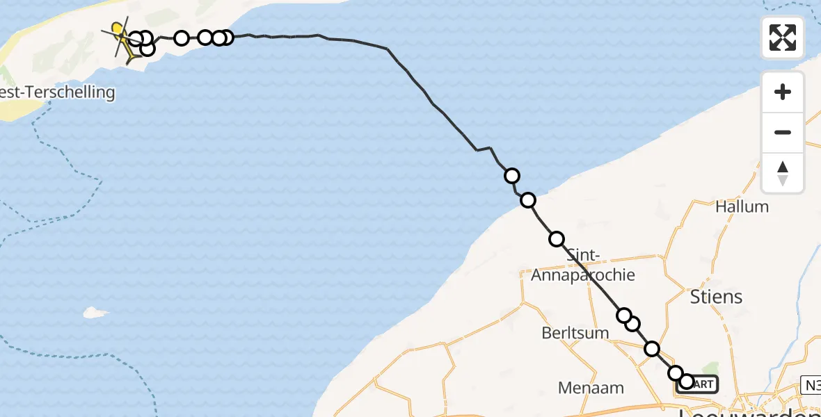 Routekaart van de vlucht: Ambulanceheli naar Midsland, Sirtemawei