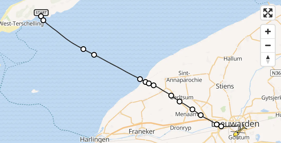 Routekaart van de vlucht: Ambulancehelikopter naar Leeuwarden, Wieringerstraat