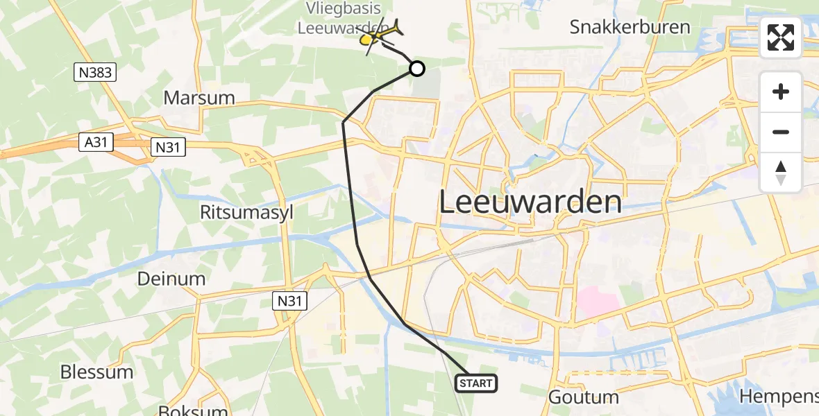 Vluchtroute Ambulancehelikopter van Leeuwarden naar Vliegbasis Leeuwarden