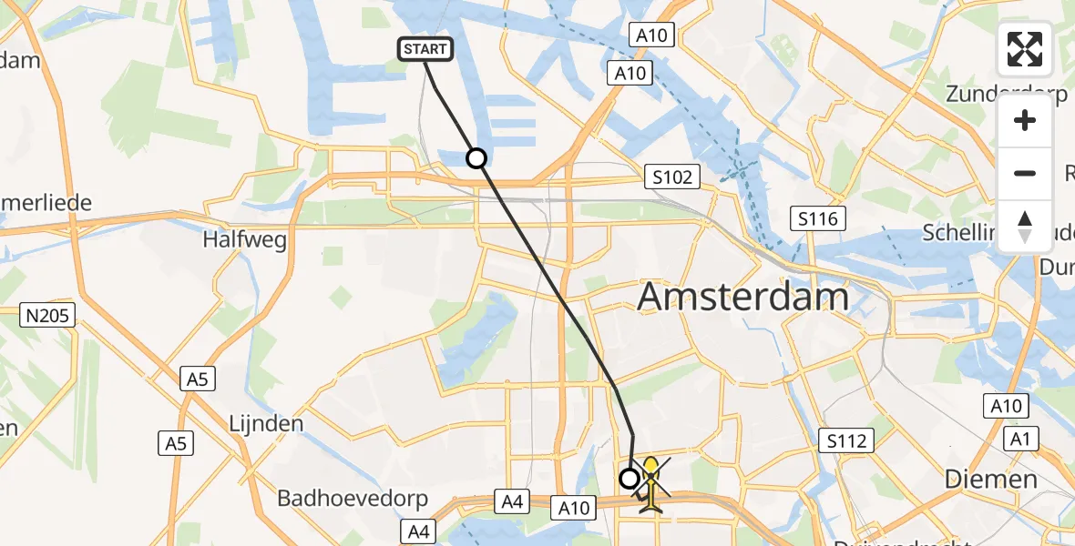 Routekaart van de vlucht: Lifeliner 1 naar VU Medisch Centrum Amsterdam, Corsicaweg