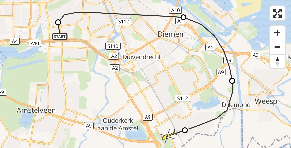 Routekaart van de vlucht: Lifeliner 1 naar Academisch Medisch Centrum (AMC), Emmastraat