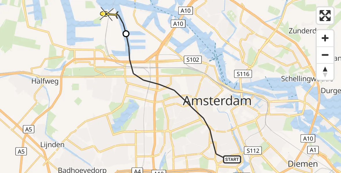 Routekaart van de vlucht: Lifeliner 1 naar Amsterdam Heliport, Eerste Jan Steenstraat