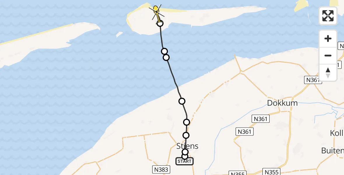 Routekaart van de vlucht: Ambulanceheli naar Ameland Airport Ballum, Skrédyk