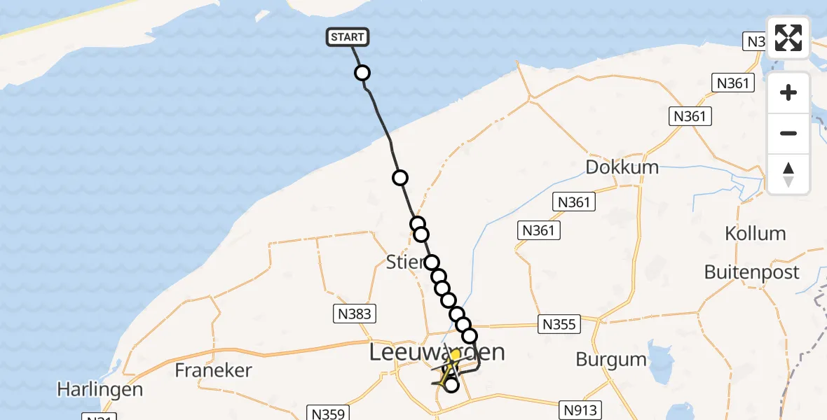 Routekaart van de vlucht: Ambulanceheli naar Leeuwarden, Robbentocht WL35 Brakzand