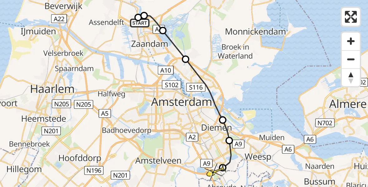 Routekaart van de vlucht: Lifeliner 2 naar Academisch Medisch Centrum (AMC), Kalverringdijk