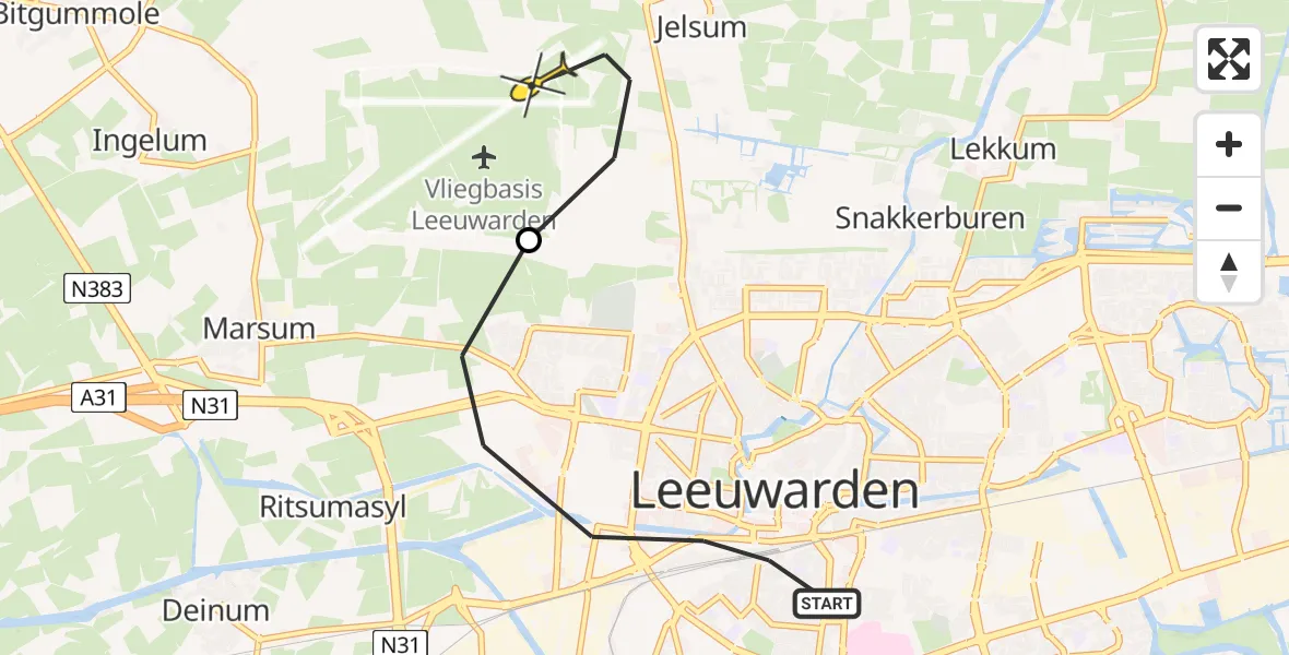 Vluchtroute Ambulancehelikopter van Leeuwarden naar Vliegbasis Leeuwarden