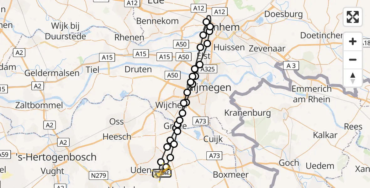 Vluchtroute Traumahelikopter van Vliegbasis Volkel naar Vliegbasis Volkel