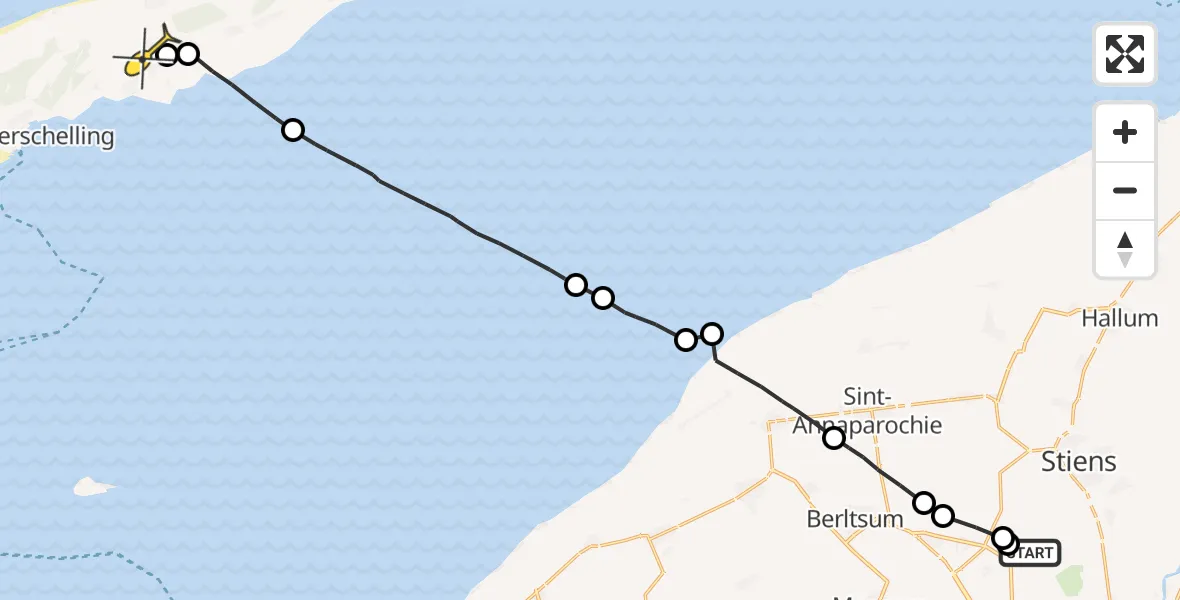 Routekaart van de vlucht: Ambulanceheli naar Midsland, Nijlânsdyk