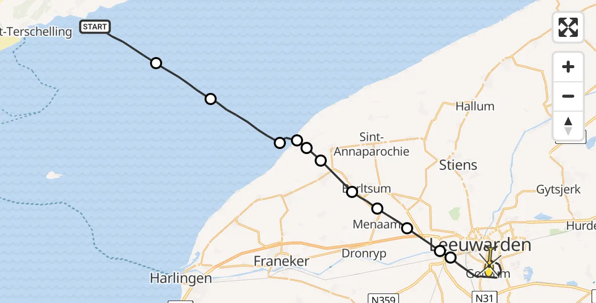 Routekaart van de vlucht: Ambulanceheli naar Leeuwarden, Aldlânsdyk