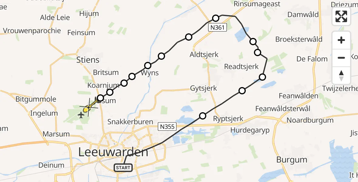 Routekaart van de vlucht: Ambulanceheli naar Vliegbasis Leeuwarden, Willem Lodewijkstraat