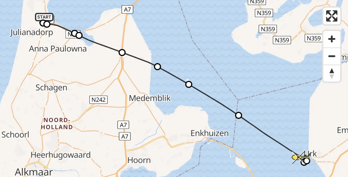 Routekaart van de vlucht: Kustwachthelikopter naar Urk, Mastenmakersweg